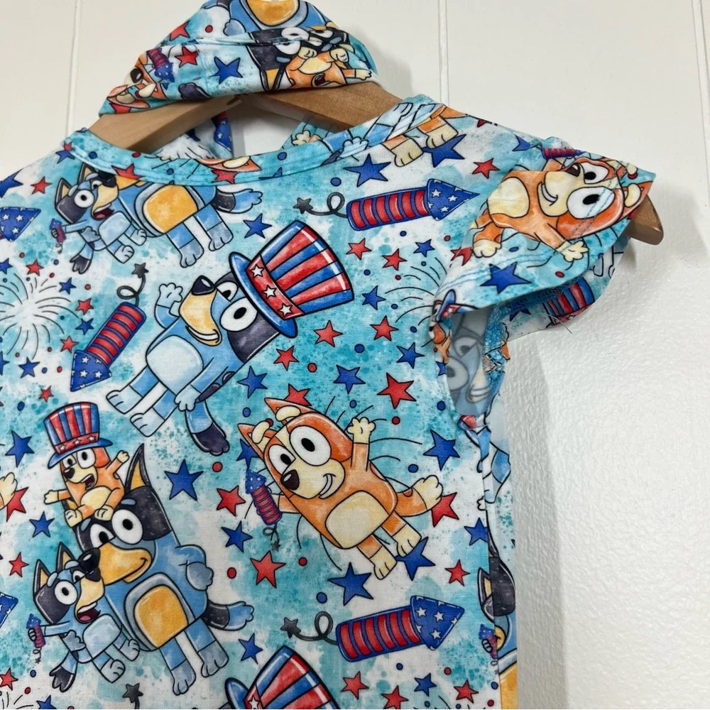 Charlie’s Project Kids Bluey Fireworks Fourth of July Bamboo Twirl Dress & Bow